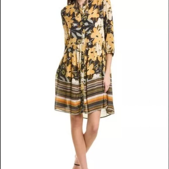 Blank London Dress Sz M Yellow Floral Womens Tunic Button Down Roll Tab Boho - Picture 14 of 14